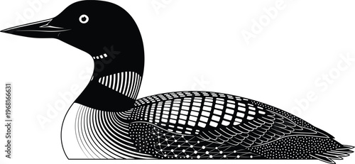 Stylized black and white loon bird silhouette illustration with geometric feather patterns, perfect for wildlife, nature, aquatic bird, and artistic design projects