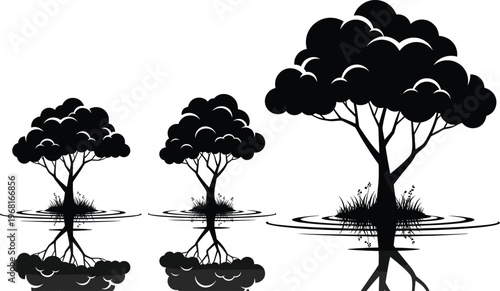 Stylized mangrove tree silhouettes with visible roots and water reflections, ecological illustration symbolizing growth, aquatic habitat adaptation, nature conservation, and environmenta
