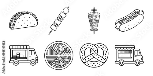 Minimalist street food icon set, black and white line art food truck illustrations, 8 vector elements for restaurant menus and catering branding
