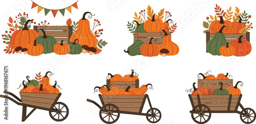 Autumn Pumpkin Harvest Collection with Wooden Carts, Crates and Fall Decorations, Seasonal Farm Vector Illustration Set