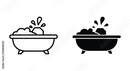 Bathtub with soap bubbles and water splash icon set vector illustration of bathroom equipment in line and solid style