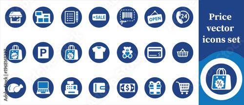 A collection of blue circular icons representing various shopping retail and commerce related concepts and services high quality professional detailed modern