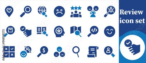 A collection of blue vector icons representing reviews feedback searches and various related concepts high quality professional detailed modern elegant stylish
