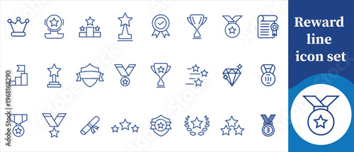 A collection of blue line icons representing various awards achievements and recognition symbols including crowns and trophies high quality professional detailed