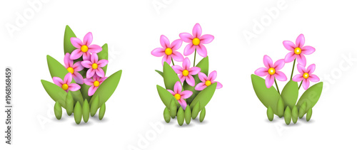 Vibrant pink flowers and grass, green meadow, spring or summer design for cheerful seasonal cards, nature themes