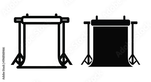 Photography backdrop stand icon set, studio background support system with roll of paper, professional equipment vector