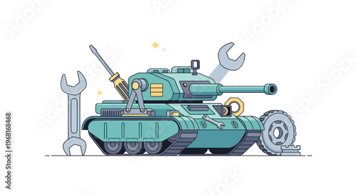 Illustration depicts a cartoon tank undergoing repair, surrounded by tools