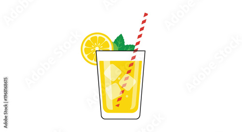Refreshing Lemonade Glass with Ice, Lemon Slice, Mint, and Striped Straw Illustration