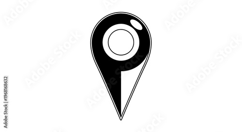 A stylized black and white map pin icon.  Round top with a circle inside.  Pointed end
