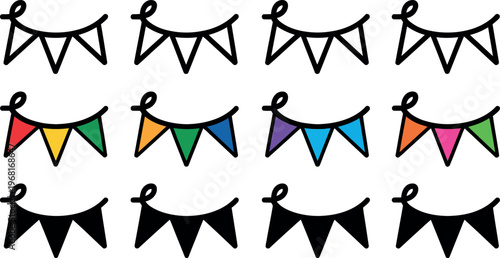 Colorful and monochrome triangular bunting flags hanging illustrations collection