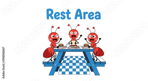 Cartoon ants enjoying a picnic with food at a blue picnic table, d "Rest Area