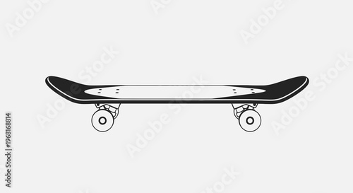 A stylized black and white illustration of a skateboard