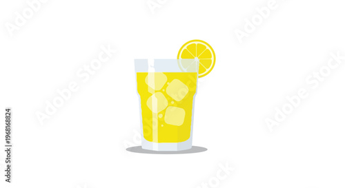 A vibrant flat design illustration showcasing a refreshing glass of chilled lemonade with ice cubes and a zesty lemon slice, ideal for summer themes