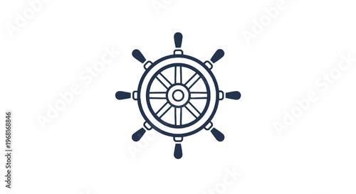 A navy blue ship's wheel graphic centered on a white background, minimal design