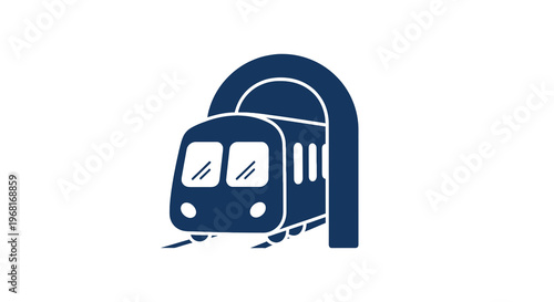Dark blue stylized image of a train emerging from a tunnel, simple design on a white background