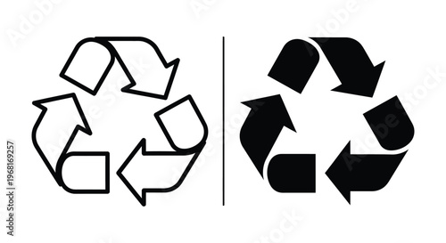 Recycle symbol icon set, outline and solid black vector illustration of recycling sign