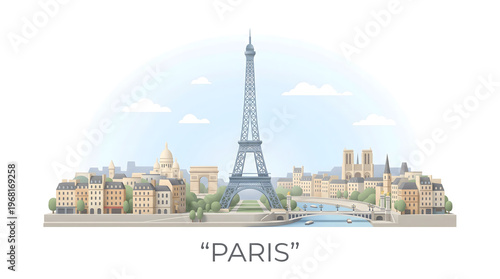 Wallpaper Mural Paris cityscape illustration with iconic landmarks and Eiffel Tower, flat design style, travel and tourism concept Torontodigital.ca