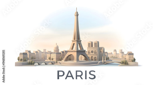 Wallpaper Mural Paris city skyline illustration with Eiffel Tower, Notre Dame, and classic architecture. Minimalist travel destination. Torontodigital.ca