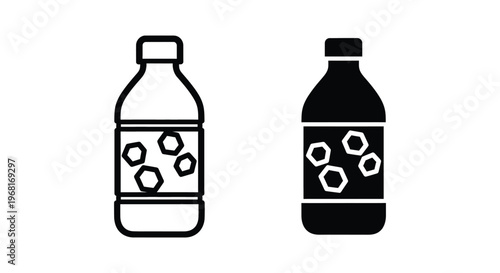 Set of water bottle icons with ice cubes inside, outline and solid style, vector illustration