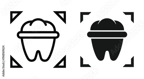 Set of dental icons, tooth with crown, dental health concept, simple vector illustration, black and white design