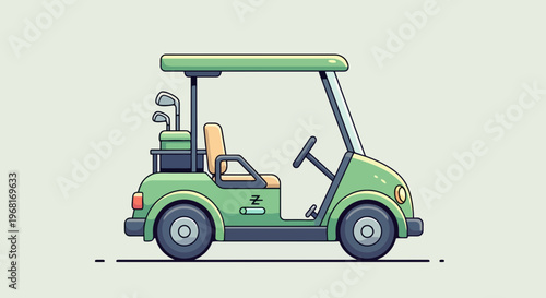 A cartoon-style green golf cart with clubs, steering wheel, and a neutral background