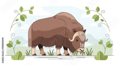 A cartoon illustration of a musk ox grazing in a grassy field with floral accents