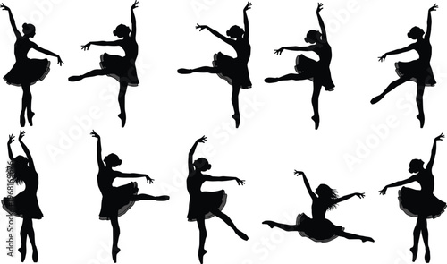 Elegant ballet dancer silhouettes performing graceful poses in tutus showcasing arabesques, pirouettes, leaps, and expressive classical dance movements
