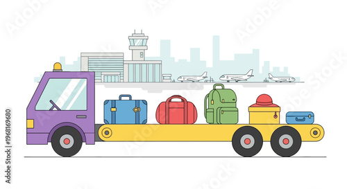 An airport illustration depicts luggage on a flatbed truck near planes and a terminal