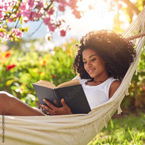 Woman relaxing in hammock reading book.