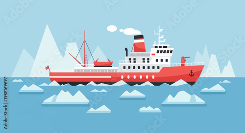 Vector illustration of a red icebreaker ship navigating icy waters, mountains in background