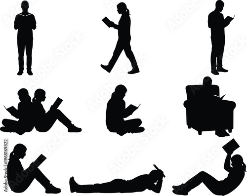 Black silhouettes of people reading books in diverse positions including sitting, standing, lying, walking, and relaxing with literature