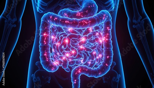 Human Intestine Anatomy with Red Neural Activity - Digital Medical Illustration of Gut Health and Digestion Process