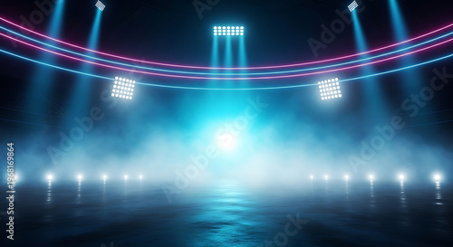 neon lit stage with fog and spotlights for concert or show