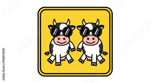 Two cartoon cows wearing sunglasses inside a yellow square on a white background