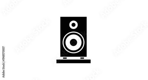 Black, stylized speaker graphic with a large central woofer, a smaller tweeter