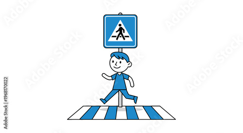 A cartoon child crossing a street using a crosswalk under a traffic sign