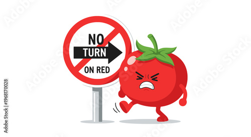 Cartoon tomato character is mad about a "no turn on red" sign, looks frustrated