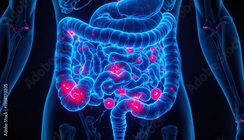 Inflammation in the Human Digestive System, Medical Illustration of Intestines and Torso Anatomy