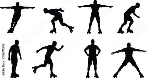 Roller skating silhouettes showing dynamic poses, balance, acceleration, and gliding movements highlighting sport, fitness, recreation, and artistic motion