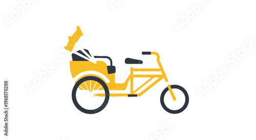Stylized illustration of a yellow and blue cycle rickshaw, a form of transportation