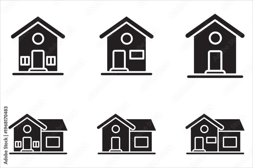 Fototapeta premium A collection of homepage icons for websites and apps. Simple house symbols. Flat real estate signs. Homepage pictograms in filled, thin line, outline, and border styles. Isolated illustrations.