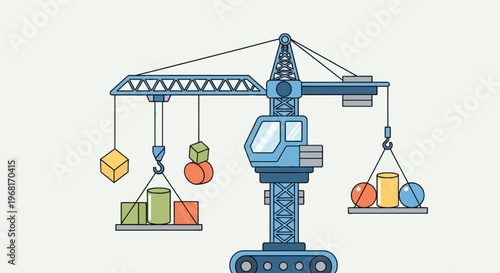 A blue crane illustration lifting and balancing colorful geometric shapes