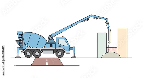 Blue cement truck extending boom towards building site, pouring concrete