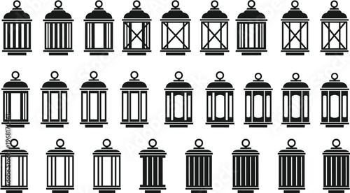 Black vector lantern silhouette collection set for outdoor garden lighting decoration vintage street lamp icon pack decorative lighting equipment isolated on white background.
