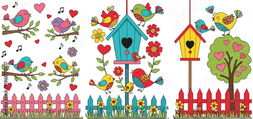 Cute Birds and Birdhouses Collection with Flowers, Hearts and Garden Elements, Kawaii Spring Nature Scene Vector Illustration Set