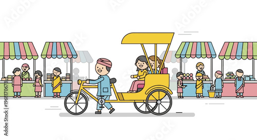 Cartoon illustration of a market scene with a rickshaw carrying passengers