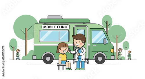 A mobile clinic scene a doctor examines a child outside a green van, with trees and pedestrians