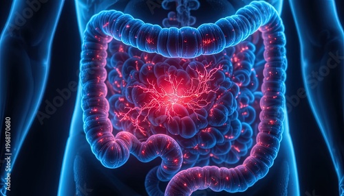 Illustration of Human Digestive System with Bright Red Pain Signal, Anatomical Representation for Medical Purposes