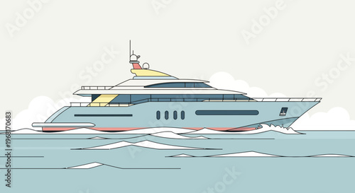 A streamlined, blue and yellow yacht glides on turquoise waves under a cloudy sky