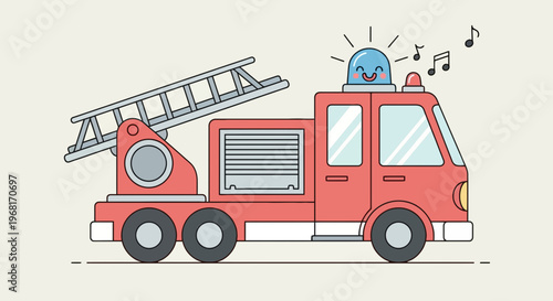 A cartoon fire truck, with ladder, a siren smiling and musical notes floating